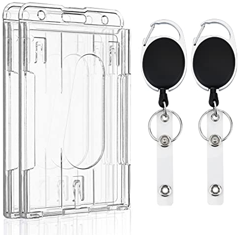 Uniclife Vertikaler Ausweishalter für 2 Karten mit Daumenschlitzen Harter transparenter PC-Gehäuseschutz mit einziehbarem Ausweishalter-Karabinerclip für Kreditkarten, 2 Stück