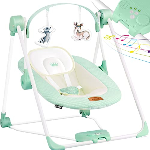 KIDIZ® Babywippe Babyschaukel mit 5 Geschwindigkeitseinstellungen zusammenklappbarer Baby Wippe Schaukel Babyhochstuhl mit Spielbogen Spielzeugen 5 beruhigende Naturgeräusche, Mint Grün