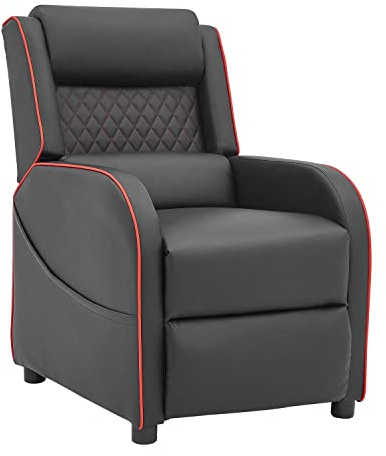 Home Detail Gaming Recliner Gaming Armchair, Gaming Chair with Footrest and Headrest with Reclining Function for Ultimate Gaming Set Up with Chair Side Pockets in (Black with Red Trim)