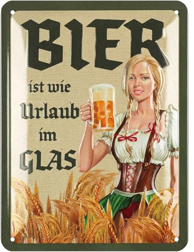 LANOLU Retro Blechschild BIER IST WIE URLAUB IM GLAS - Bar, Kneipen, Partykeller Dekoration - lustiges Sprüche Schild Alkohol Geschenk für Bierliebhaber, Männer zum Vatertag 15x20cm
