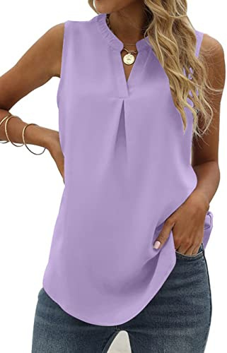 Famulily Women's V Neck Chiffon Tank Tops Pleated Sheer Vest Tops Summer Sleeveless Loose Casual Shirts