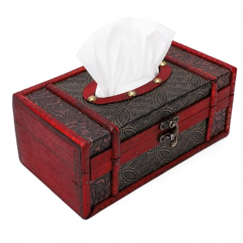 Taschentuchbox Holz Rechteckig mit PU-Leder, Vintage Kosmetiktuchbox 22 × 12 × 9 cm, Dekorativer Taschentuchspender für Badezimmer, Wohnzimmer, Büro, Restaurant und Hotel