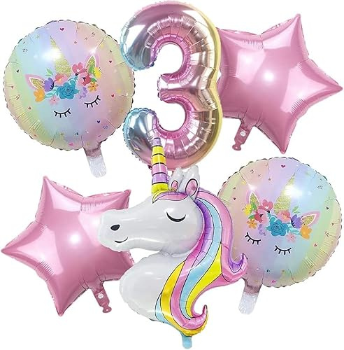 Einhorn Luftballons für den 3. Geburtstag - 6 Stück Helium Folienballons für Mädchen