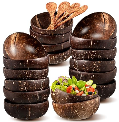 Taiyin Set of 12 Polished Coconut Bowls and Wooden Spoon Sets Natural Coconut Salad Smoothie Bowls for Kitchen Women Gifts Decoration Kids Birthday