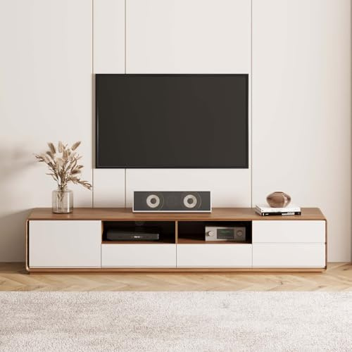 POVISON TV Lowboard für Wohnzimmer 180cm weiß, TV Schrank modern Fernsehtisch aus Holz, niedrige Multimediakonsole mit Schubladen, offener Stauraum, Walnussfurnier, komplett montiert