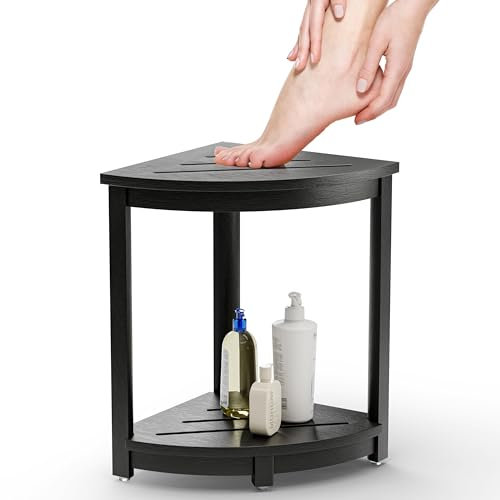 HOLANA Banc de douche d'angle en bois de 30,5 cm avec étagère de rangement – Siège d'angle pour pieds de rasage – Marche de baignoire pour petits espaces – Parfait pour l'intérieur ou l'extérieur