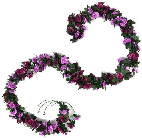 Yurosiay 2 Stück 2.4m Künstliche Rosengirlande Gefälschte Rosenrebe Kunstblumen Girlande Wie Echt Elegant Blumengirlande Rosen Seidenblumen Hängend Rebe für Hochzeit Party Garten Lila