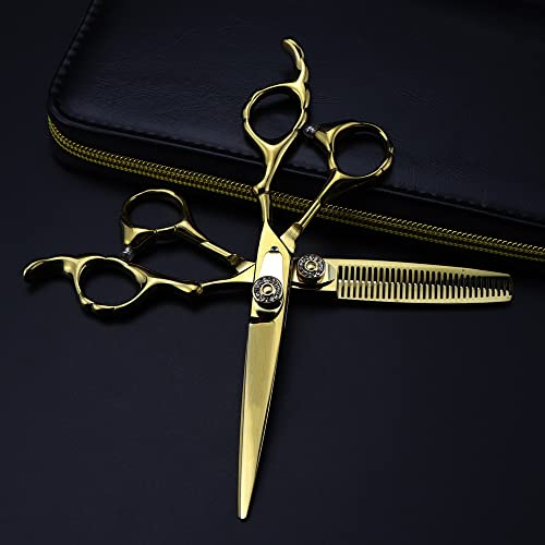 Haarschneideschere, 6 Zoll, professionell, 440c, gehobene Edelsteinschere, goldene Haarschere, zum Schneiden von Friseur-Haarschnitt-Ausdünnungsscheren, Friseurschere (Farbe: Ausdünnung) (Set mit Ta