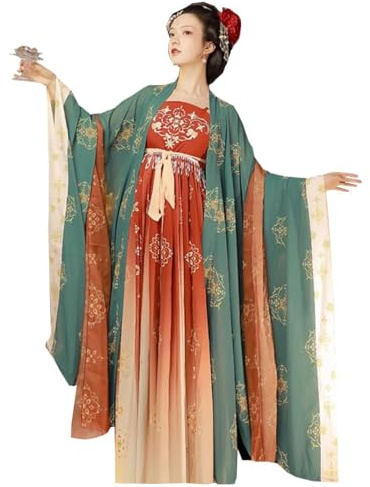 Ez-sofei Kvinnor kinesisk traditionell antik scenframträdande kostym Hanfu-klänning (grön + röd, XL)