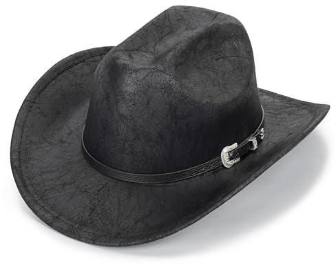 Klassischer Cowboyhut für Damen und Herren, breiter Rand, PU-Leder, Fedora-Hüte mit Schnalle, Outback für den Außenbereich, Schwarz, M