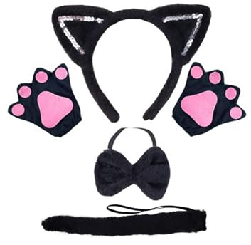DHWEKU Katze Cosplay Set,Katzenohren Stirnband Kätzchen Schwanz Ohren Kragen Pfoten Handschuhe Party Kostüm Set