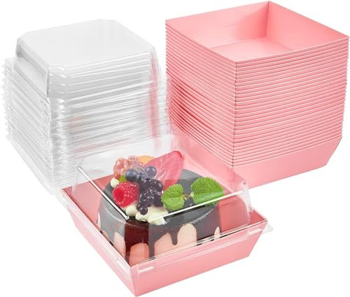 CLUEWR Pack of 50 Cake Boxes with Transparent Lids, 10 x 12 x 6.5 cm, Cupcake Transport Boxes, Cake Boxes for Cakes, Macaroons, Doughnuts, Snacks (Pink)