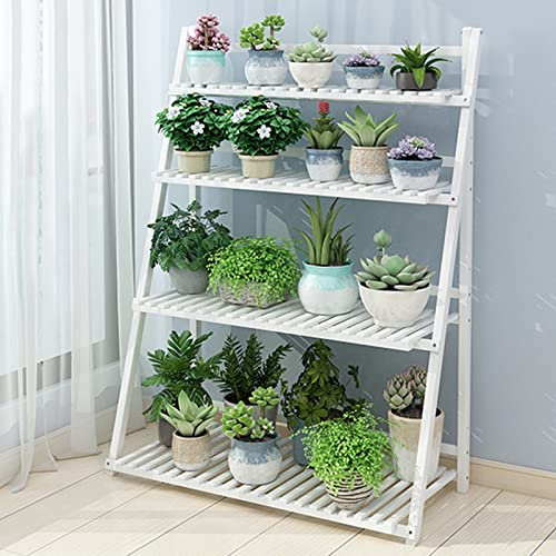 Plant Stand 4 Tier Ladder Plant Shelves, Folding Flower Pot Holder Garden Display Shelf 4 Colors Flower Pot Stands Bamboo Holder Planter Display Shelf for Home Garden Patio Balcony Étagère À Plantes