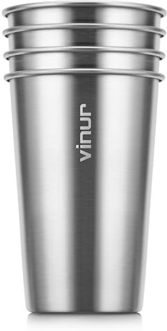 VINUR Edelstahlbecher, 4 Stück, 473 ml, stapelbare Metall-Trinkgläser für Reisen, Camping, Outdoor (Silber)