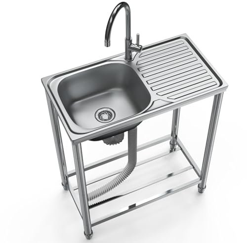 Lavello in Acciaio Inox Autoportante Lavello di Utilità 1 Vasca Lavandino Commerciale con Banco da Lavoro,Lavandino a Mano Mobile,per ristorante,garage,cortile