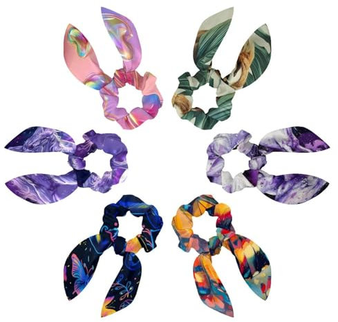 6 Pcs Hair Scarf Scrunchie, Bow Scrunchies for Hair, Hair Scrunchies with Bow, Butterflies Palm Leaves Sloths Scrunchie Hair Scarf Ponytail Holder for Women