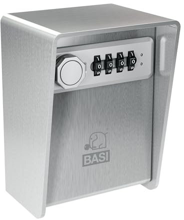 BASI | Schlüsselsafe mit Zahlenschloss | 3 mm starkes Edelstahl | 4-stelliger Zahlencode individuell einstellbar | Schlüsseldepot für Innen- und Außenbereich | Wetterfester Schlüsseltresor