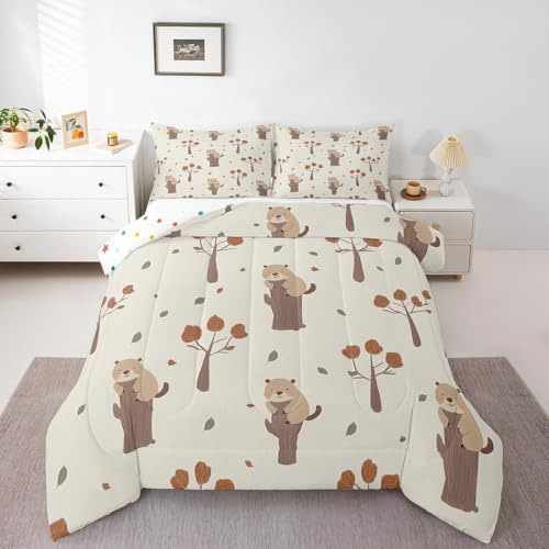 Erosebridal Fall Theme Queen Comforter Set for Kids Boys Girls Room Decor,Cute Beaver Bedding Set Cartoon Animal Maple Tree Down Comforter Autumn Fallen Leaves Bed Set 2 Pillow Cases