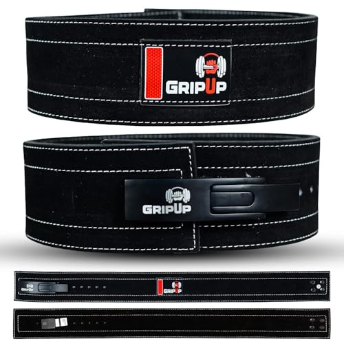 GripUp Powerlifting-Gürtel für Gewichtheben, Hebelschnalle, Leder, Fitnessgürtel, 10 mm dick, 10 mm dick, Lendenwirbelstütze, für Damen und Herren, ideal für Bodybuilding, Kreuzheben und Krafttraining