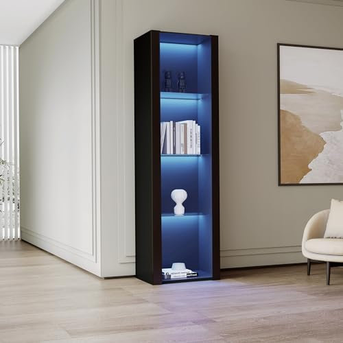 FAYICIC Hochglanz-Vitrine mit LED-Beleuchtung, 3 Glasböden, 55 * 38 * 166 cm, Vitrinen, Standvitrinen, Hochschränke, Lagerschränke (Schwarzer)
