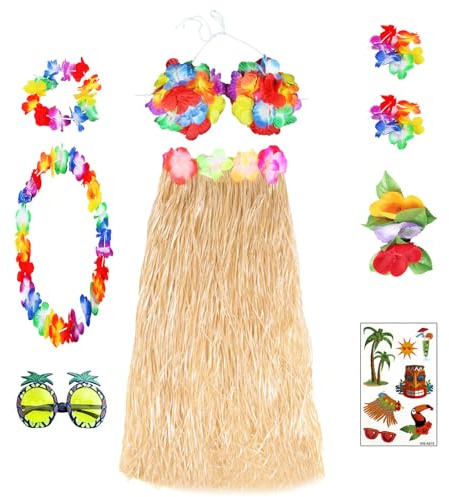 FUIPVGI 9 Stücke Hawaiian Hula Rock Mottoparty Kostüm Set, hawaiianischer Hula-Bastrock mit Sonnenbrille, Leis-Halskette und Armbändern, Blumen-BH, für Tropical Beachparty, Sommerfest