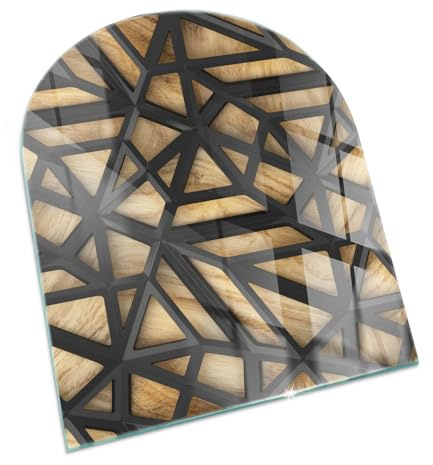 Funkenschutzplatte für Kamin 80x70 cm Hartglas Glasboden Stilvollem Motiv Dekorative Glasbodenplatte Hitzeschutz Halbrund Schutzplatte Elegantes Design - Geometrie mit Holz