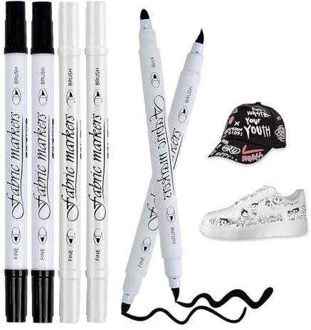 Caelura 4 Stück Textilstifte Waschmaschinenfest, Textilmarker Waschmaschinenfest Schwarz und Weiß, Stoffmalfarben Waschfest, 1-5mm Dual Tip Stoffmalstifte für T-Shirt Stoffbeutel Schuhe
