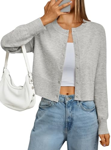 LILLUSORY Cropped Lightweight Cardigan Sweaters for Women Crew Neck Summer Clothes Fashion Spring Outfits 2026 Grey S
