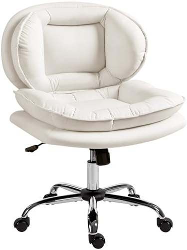 HOMCOM Silla de Oficina Piernas Cruzadas, Silla de Escritorio sin Brazos con Asiento Ancho, Ruedas, Altura Ajustable, Doble Acolchado, Giratoria, Función Basculante, Tapizada en PU, Gris Claro