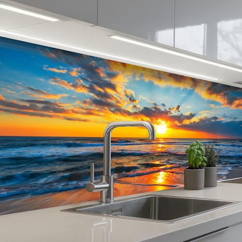 KitchenYeah© Paraschizzi Cucina Adesivo Pannello Parete Paraspruzzi Muro | 60x200 cm - Decorativo Mare - Tramonto - Spiaggia - Nuvole - Arancione