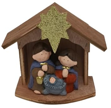 COSE DA CASA Capanna con nativita completa di personaggi moderni con luce presepe h 15 in legno con stella oro particolare idea regalo natalizia