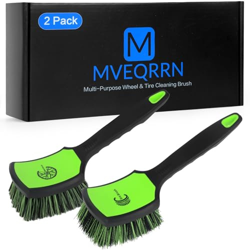 MVEQRRN Non-Scratch 2-Pack Car Wheel Tire Cleaning Brush Kit:Soft &Stiff Bristle Detailing Brush with Ergonomic Rubber Short Handle for Deep Cleaning Car Tire Rims, Fenders or Carpet(Black Green)