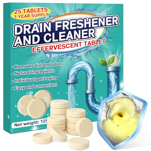 Pastiglie per la Pulizia degli Scarichi Maleodoranti – 25 Compresse Effervescenti – Elimina Cattivi Odori da Lavandino, WC, Doccia e Cucina – Adatte per Tubature PVC, Acciaio e Fosse Settiche