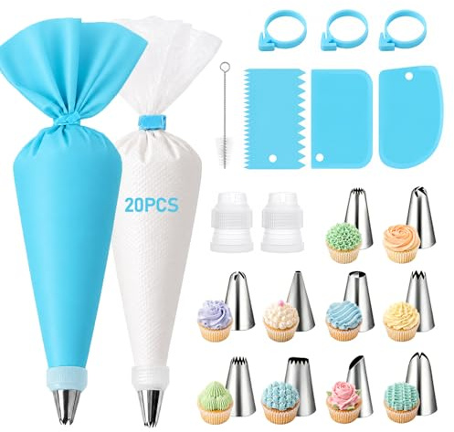 soodyoow 40 mangas pasteleras con boquillas, mangas pasteleras desechables de silicona, mangas pasteleras profesionales para decorar pasteles, tartas, galletas, cupcakes (azul, blanco)