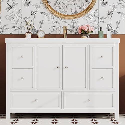 Merax Badezimmerschrank mit Waschbecken 120cm breit freistehend, lackiert, Vier leise Schubladen, Zwei Soft-Close Türen, Harzbecken für große Bäder, Waschtisch, Weiß/120x50x86.5cm