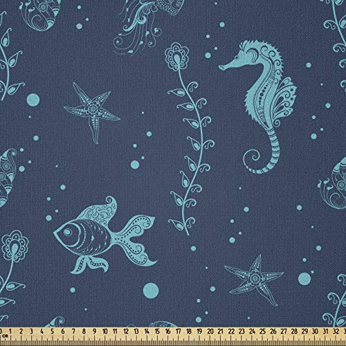 ABAKUHAUS Unterwasser- Stoff als Meterware, Goldfish Seahorse, Microfaser Stoff für Dekoratives Basteln, 1M (230x100cm),Blass Azurblau Nachtblau
