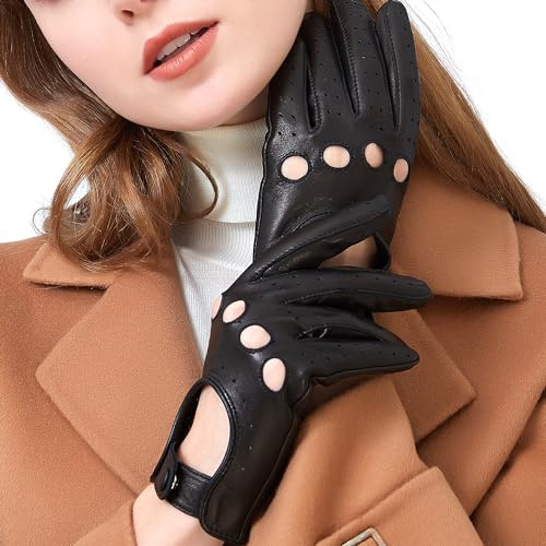 ZLUXURQ Gants de conduite en cuir de haute qualité pour femmes, légers et doux, sans doublure intérieure,Large(17.78-19.05cm),Noir
