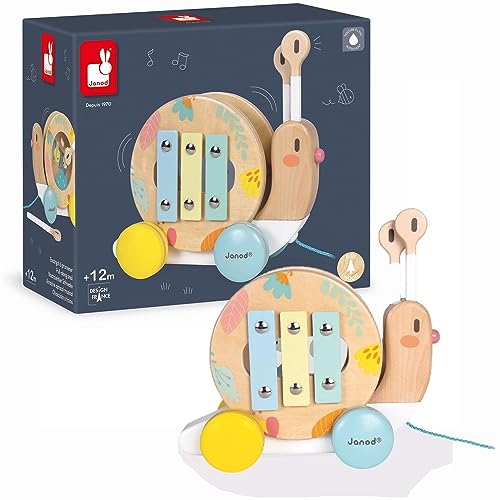 Janod - Pure Nachziehtier Schnecke - Holzspielzeug mit Xylophon und Tamburin - Musikalisches Montessori Lernspielzeug - Wasserbasierte Farben - Baby Spielzeug ab 1 Jahr, J05159