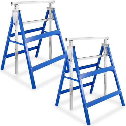 tectake® 2 Tréteaux télescopiques pliables, Treteaux 68,5 x 56,5 x 79,5 cm, Treteaux reglables en acier, 7 réglages en hauteur, Charge max. 220 kg par Tréteau, Etabli pliant, Chevalet de sciage, Bleu