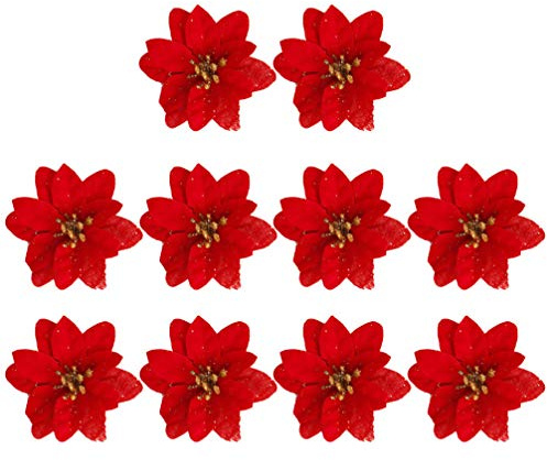 SOIMISS 10 Stück Weihnachten Blumen Glitzer Künstliche Weihnachtsstern Blumen Weihnachts kränze Baum Ornament Neujahr Hochzeit Dekorationen (Rot)