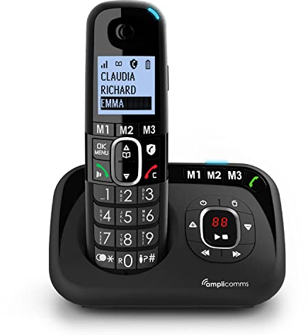 Amplicomms BigTel 1580, téléphone DECT sans Fil à Grosses Touches, répondeur, Audio-Boost, sonneries puissantes, Compatible avec Aides auditives, Fonction Blocage des appels