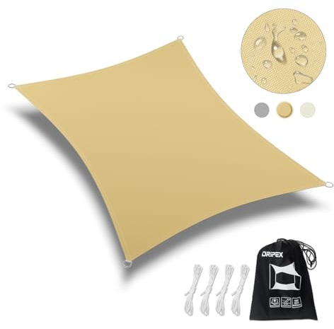 Dripex Toldo Vela Rectangular 4x5 m, Vela de Sombra Impermeable y Cortaviento, 95% Protección Rayos UV, Parasol de Poliéster, Ideal para Patio, Exteriores Terraza, Jardín, Arena