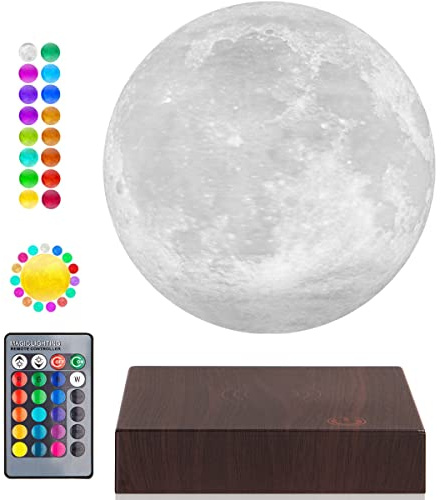 UVEHAS Levitating Moon Lamp, schwebende und spinnende 3D Mondlicht Magnetische Levitation Lunar Nacht Lichter Urlaub Geburtstag Geschenke Zimmer Tisch Schreibtisch Dekoration, 16 Farben LED Mond