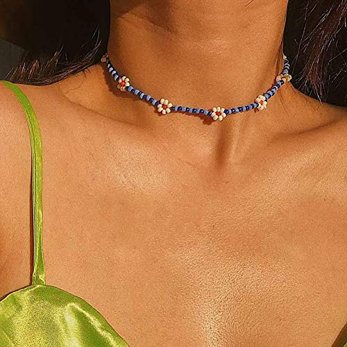 Carufin Bohemian Colorful Flower Beaded Choker Necklace Daisy Rainbow Beaded Necklaces Short Sunflower Necklaces Beach Jewelry for Women and Girls (Blue 2)