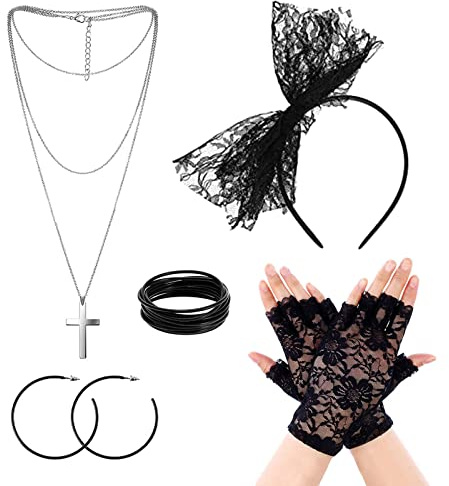 VIKSAUN 80er Jahre Kostüm Zubehör Spitze Stirnband Ohrringe Fischnetz Handschuhe 80er Jahre Spitze Schleife Stirnband Halskette Armband für 80er Jahre Retro Party 80er Jahre Verkleidung für Damen