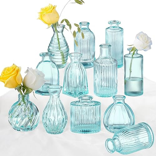 Blaue Vase, Knospenvasen, Set mit 12 Stück, blaue Glasvase, kleine Vintage-Blumenvase für Dekoration, gerippte Glasvasen in Großpackung, Hochzeitsdekoration, Brautparty, Party, Tafelaufsätze, Zuhause,