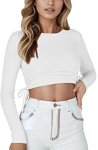 Pursuit-W Top corto casual da donna alla moda tinta unita coulisse girocollo manica lunga top sottile avvolgente t-shirt aderente ombelico sexy top camicia set donna camicia denim donna top filettato
