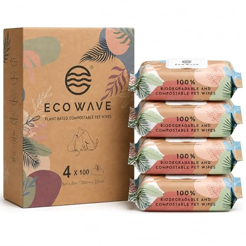 Eco Wave Dog & Cat Grooming Wipes, Unscented, Hypoallergenic, Compostable | 400 Wipes, Plant-based, compostable & biodegradable. Fragrance-free, aloe vera. Paws, ears, face, body & butt.