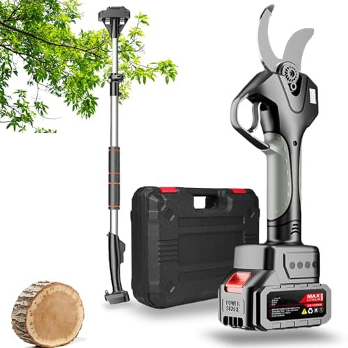 Fablestoryem ijeras de Podar Eléctricas a Batería 50MM,Tijera podar inalámbricas portátiles Podadora Eléctrico de Ramas con Pértiga de extensión de 1.3-2.1m de Altura,Pantalla LCD,‎1Battery