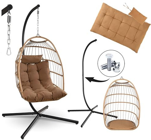 SereneLife Foldable Egg Chair, Rattan Wicker Hanging Swing Chair with Stand, Waterproof Cushion & Headrest, Indoor Outdoor Garden Patio Porch Bedroom Lounge Furniture, Brown